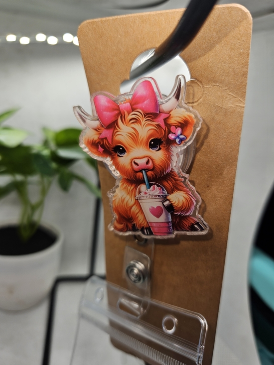 The Unbranded Brand Accessories - Cute Pink Bow Highland Cow Badge Reel Card Holder
